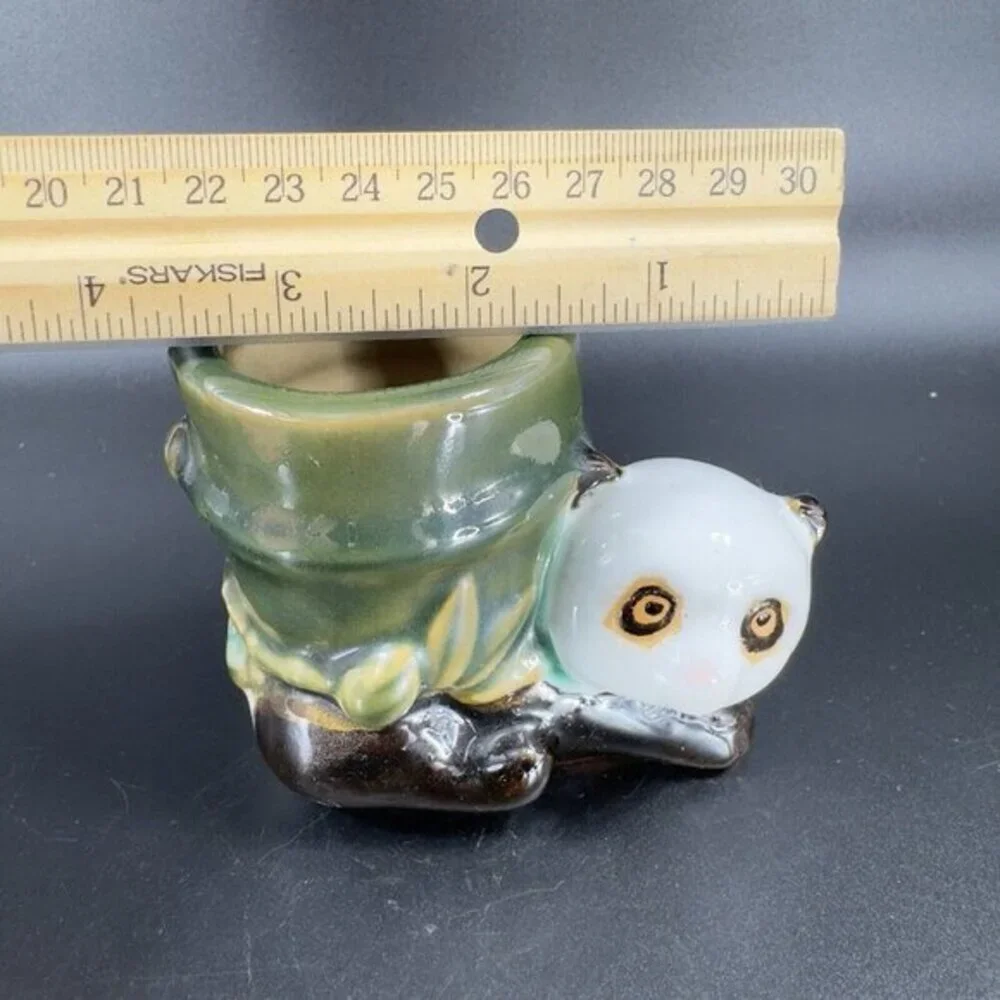 Vintage Majolica Style Ceramic Panda Bear With Bamboo Planter Small Vase Pottery